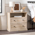 Table de chevet à 2 tiroirs en MDF Noyer foncé / Chêne blanc avec étagère ouverte et glissières métalliques – Simple