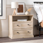 Table de chevet à 2 tiroirs en MDF Noyer foncé / Chêne blanc avec étagère ouverte et glissières métalliques – Simple