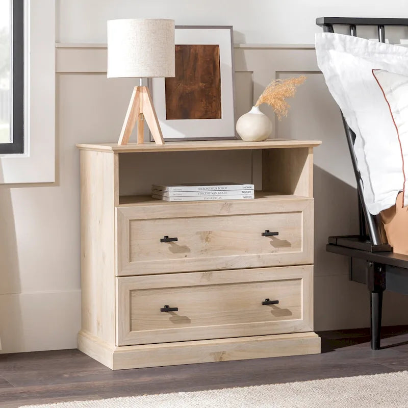 Table de chevet à 2 tiroirs en MDF Noyer foncé / Chêne blanc avec étagère ouverte et glissières métalliques – Simple