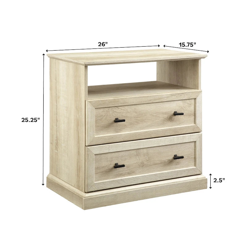 Table de chevet à 2 tiroirs en MDF Noyer foncé / Chêne blanc avec étagère ouverte et glissières métalliques – Simple