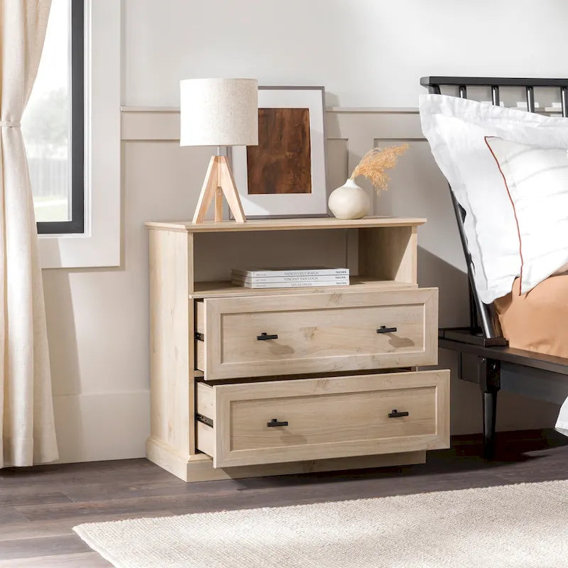 Table de chevet à 2 tiroirs en MDF Noyer foncé / Chêne blanc avec étagère ouverte et glissières métalliques – Simple