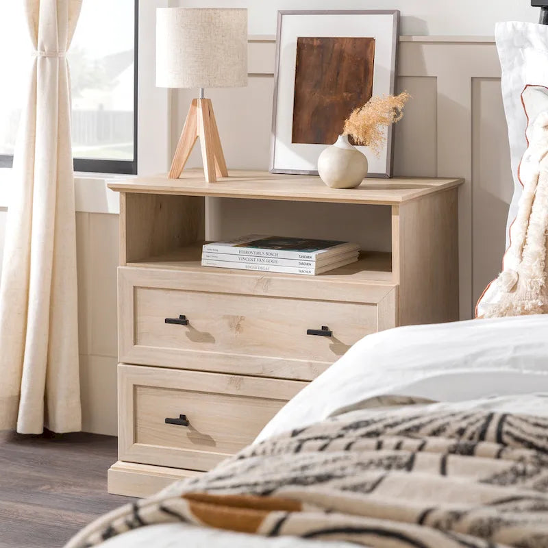 Table de chevet à 2 tiroirs en MDF Noyer foncé / Chêne blanc avec étagère ouverte et glissières métalliques – Simple