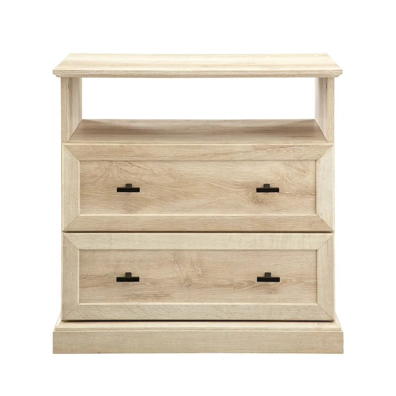 Table de chevet à 2 tiroirs en MDF Noyer foncé / Chêne blanc avec étagère ouverte et glissières métalliques – Simple