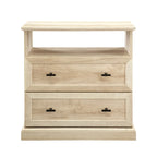 Table de chevet à 2 tiroirs en MDF Noyer foncé / Chêne blanc avec étagère ouverte et glissières métalliques – Simple
