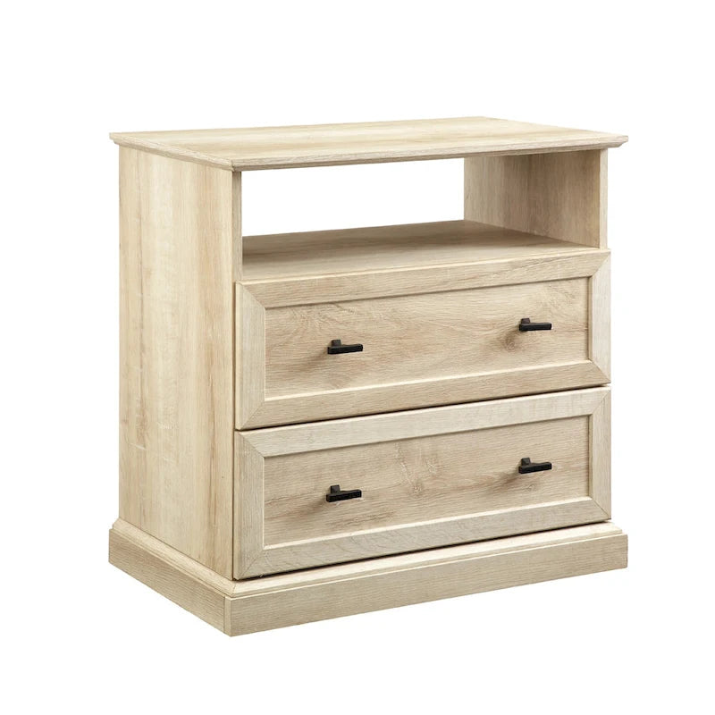Table de chevet à 2 tiroirs en MDF Noyer foncé / Chêne blanc avec étagère ouverte et glissières métalliques – Simple