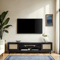Meuble TV noir / chêne côtier aspect rotin avec 2 niches et 2 armoires – Convient aux TV jusqu'à 75 pouces