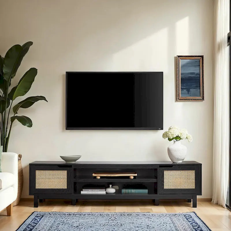 Meuble TV noir / chêne côtier aspect rotin avec 2 niches et 2 armoires – Convient aux TV jusqu'à 75 pouces