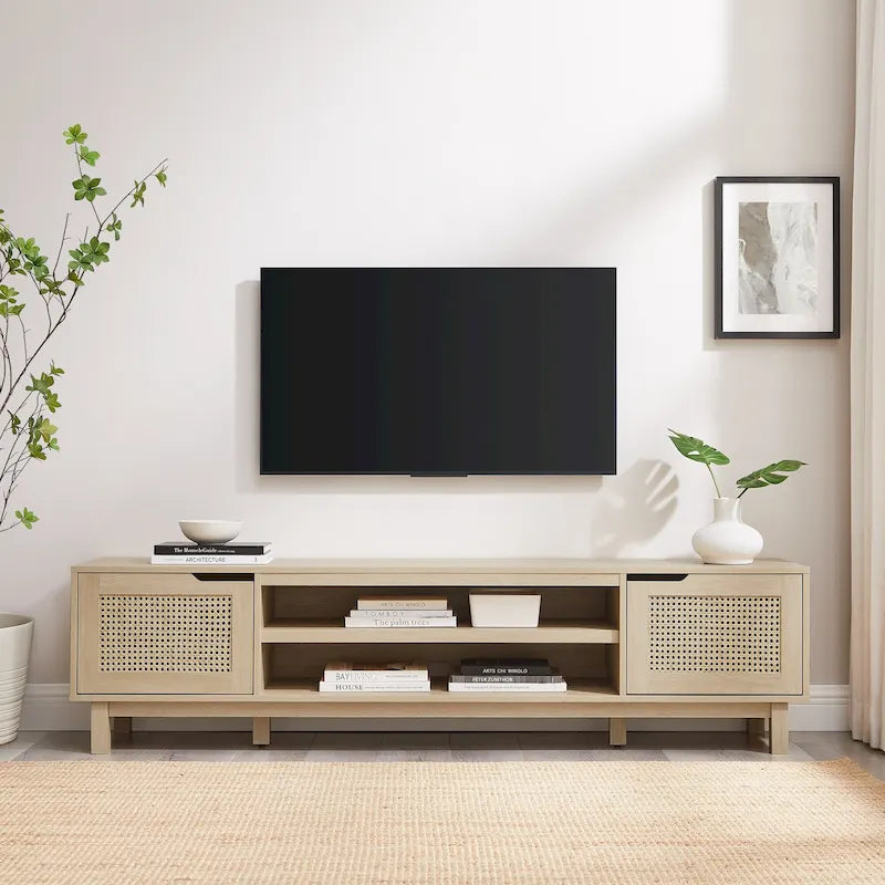 Meuble TV noir / chêne côtier aspect rotin avec 2 niches et 2 armoires – Convient aux TV jusqu'à 75 pouces