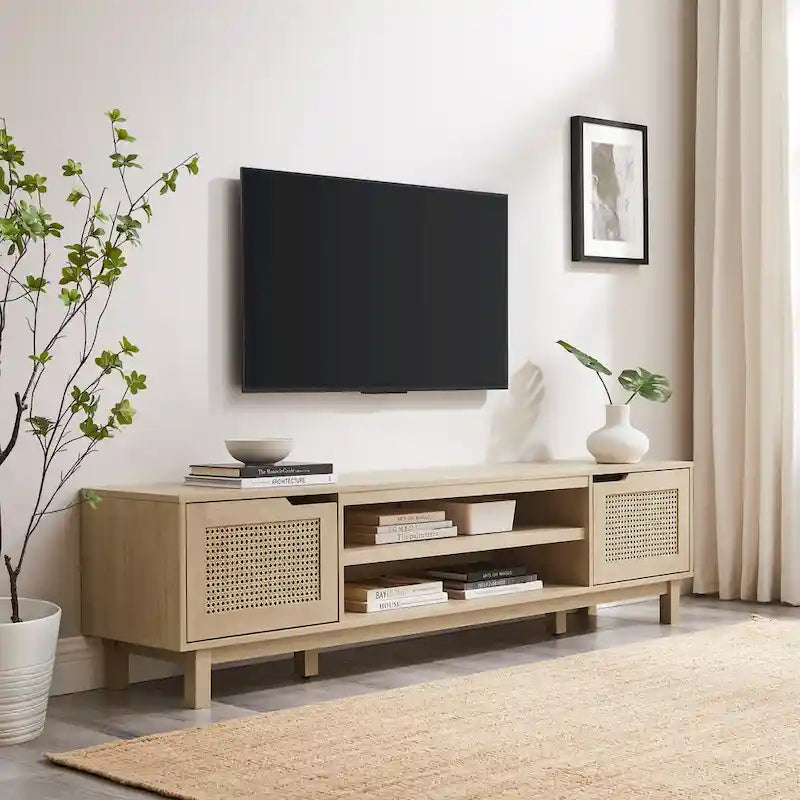 Meuble TV noir / chêne côtier aspect rotin avec 2 niches et 2 armoires – Convient aux TV jusqu'à 75 pouces