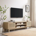 Meuble TV noir / chêne côtier aspect rotin avec 2 niches et 2 armoires – Convient aux TV jusqu'à 75 pouces