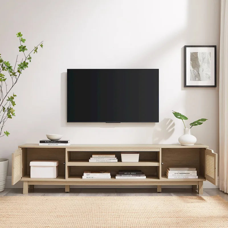 Meuble TV noir / chêne côtier aspect rotin avec 2 niches et 2 armoires – Convient aux TV jusqu'à 75 pouces