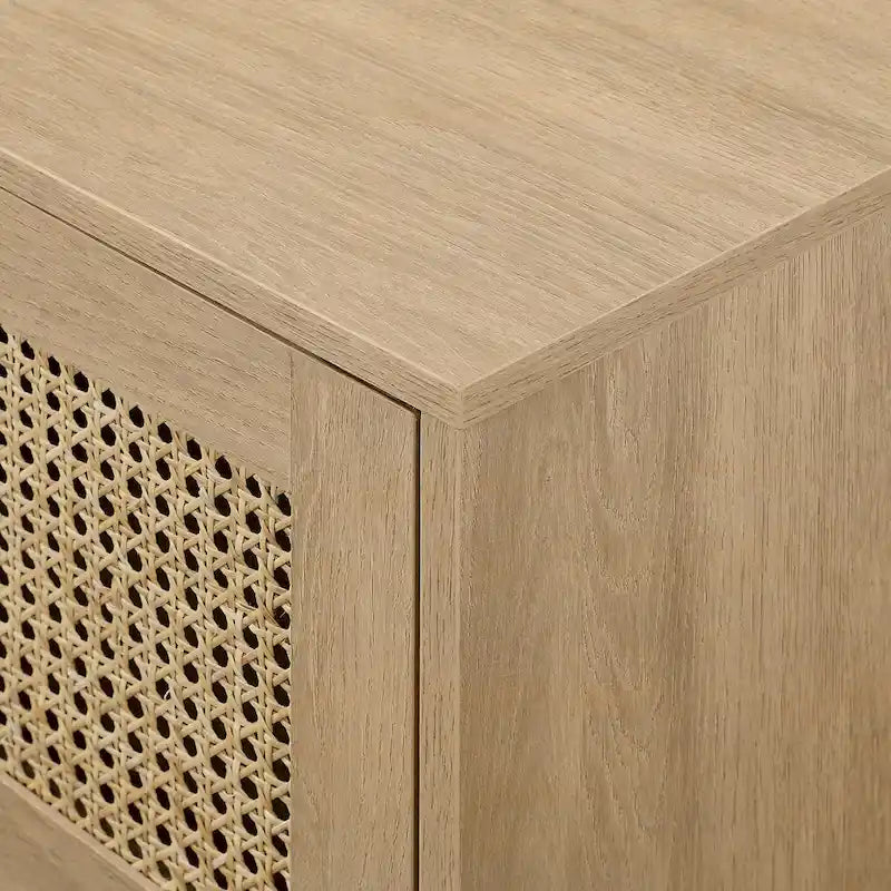 Meuble TV noir / chêne côtier aspect rotin avec 2 niches et 2 armoires – Convient aux TV jusqu'à 75 pouces