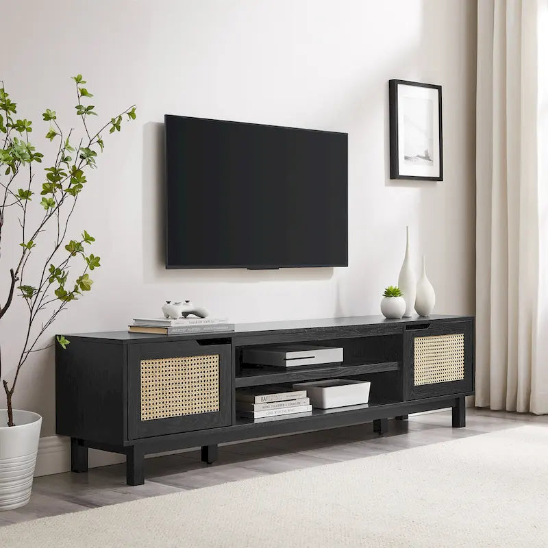 Meuble TV noir / chêne côtier aspect rotin avec 2 niches et 2 armoires – Convient aux TV jusqu'à 75 pouces