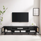 Meuble TV noir / chêne côtier aspect rotin avec 2 niches et 2 armoires – Convient aux TV jusqu'à 75 pouces