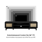 Meuble TV noir / chêne côtier aspect rotin avec 2 niches et 2 armoires – Convient aux TV jusqu'à 75 pouces