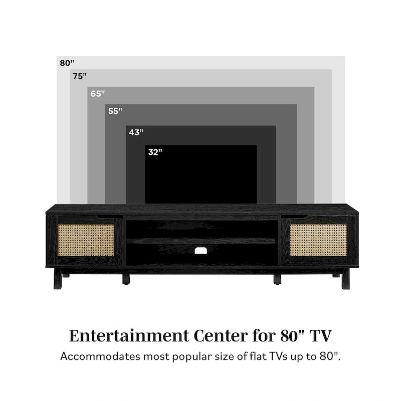 Meuble TV noir / chêne côtier aspect rotin avec 2 niches et 2 armoires – Convient aux TV jusqu'à 75 pouces