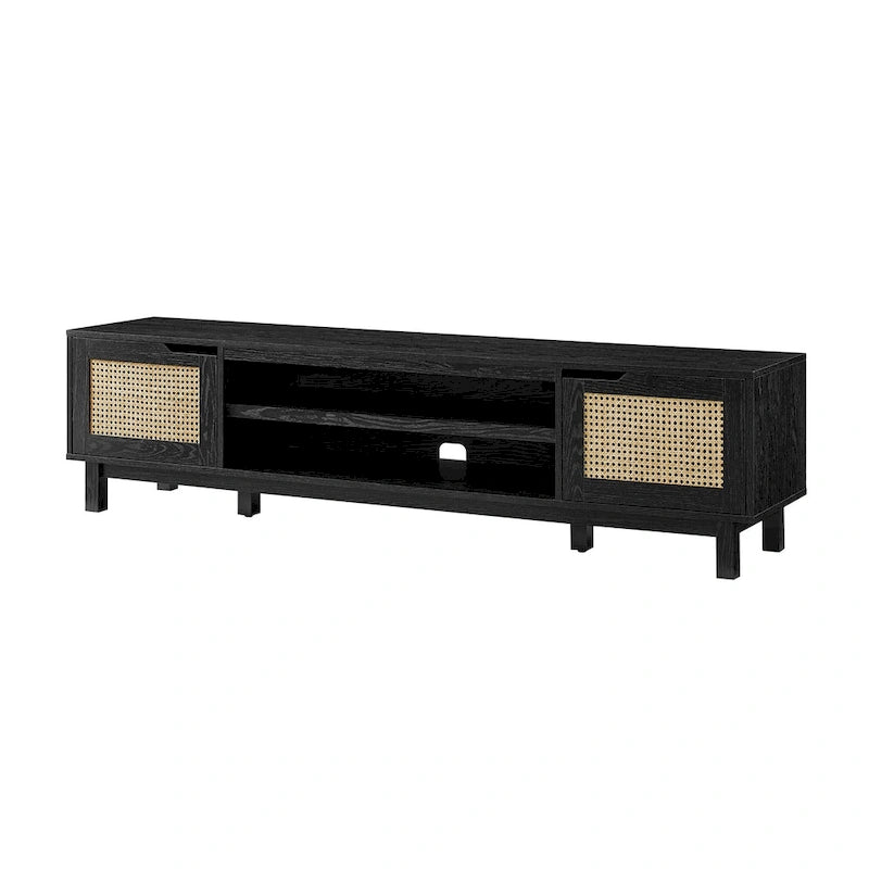 Meuble TV noir / chêne côtier aspect rotin avec 2 niches et 2 armoires – Convient aux TV jusqu'à 75 pouces
