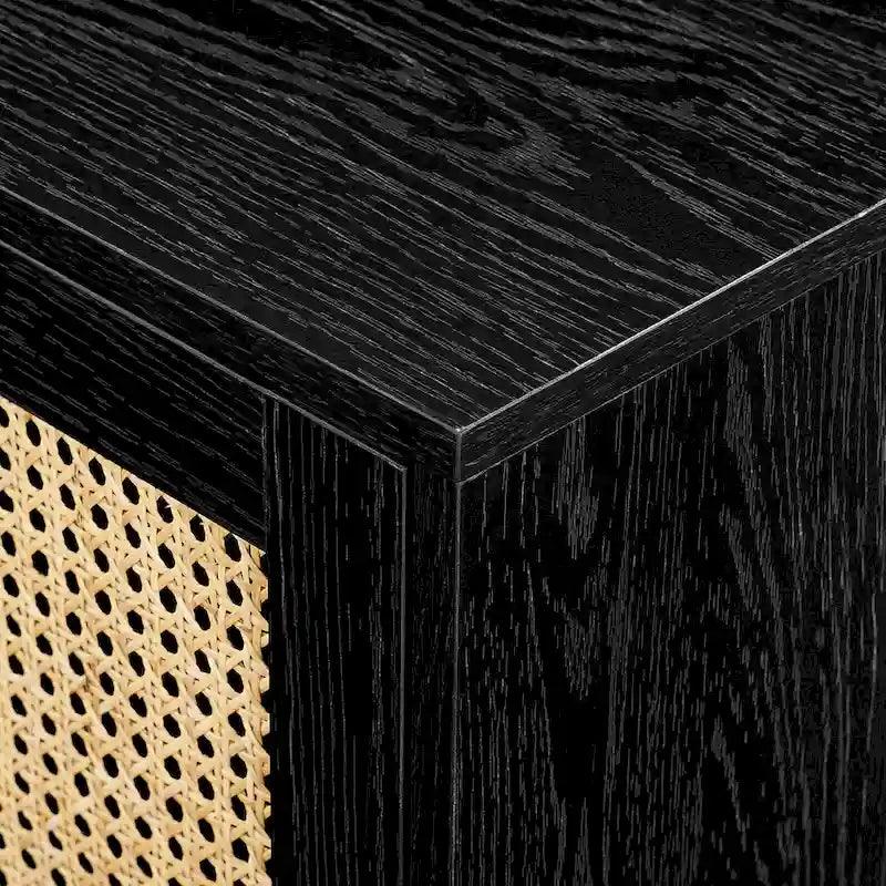 Meuble TV noir / chêne côtier aspect rotin avec 2 niches et 2 armoires – Convient aux TV jusqu'à 75 pouces