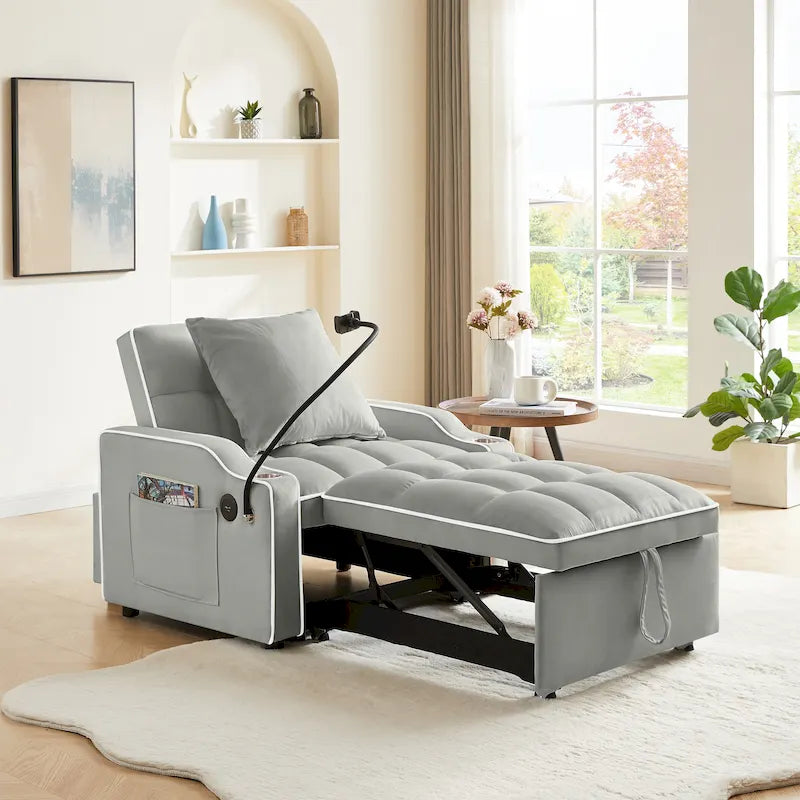 Fauteuil convertible 3-en-1 gris/noir avec dossier réglable et port USB – une place