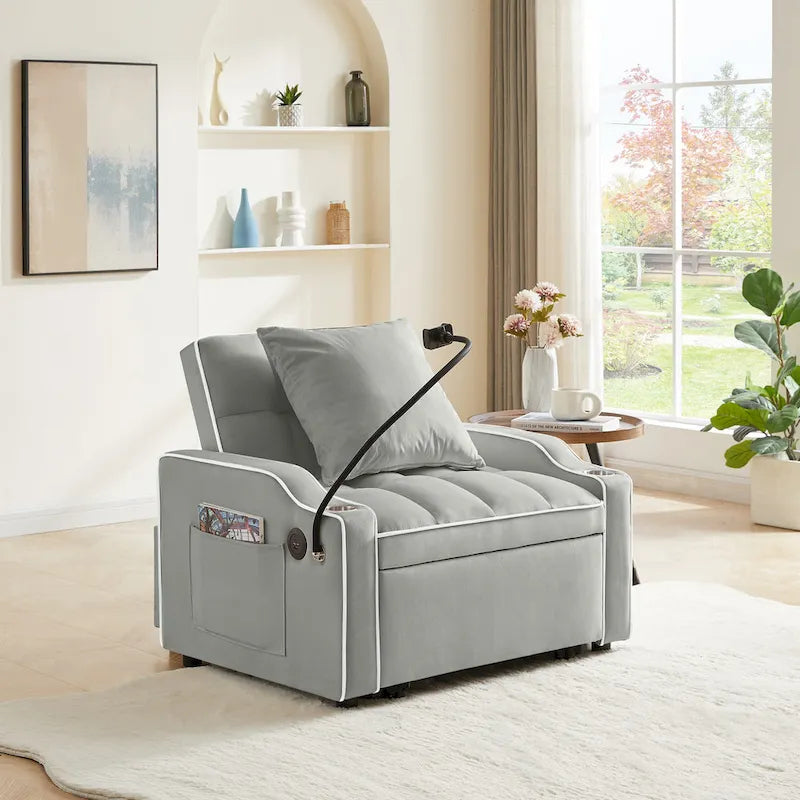 Fauteuil convertible 3-en-1 gris/noir avec dossier réglable et port USB – une place