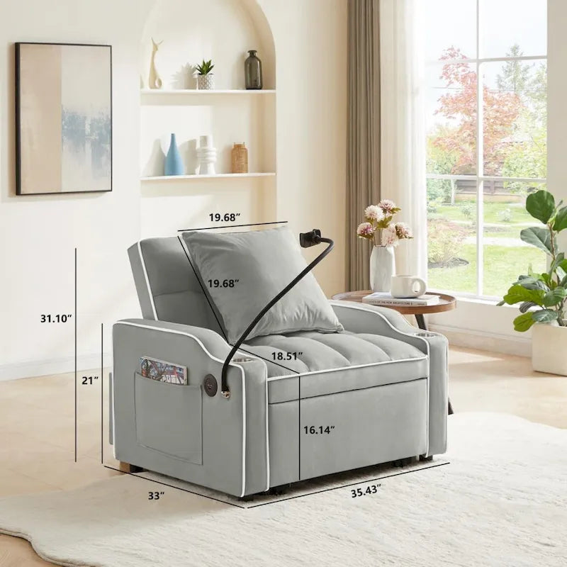Fauteuil convertible 3-en-1 gris/noir avec dossier réglable et port USB – une place