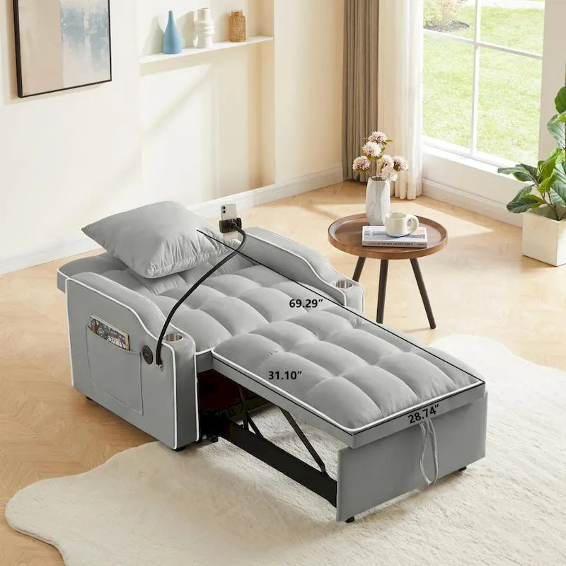Fauteuil convertible 3-en-1 gris/noir avec dossier réglable et port USB – une place