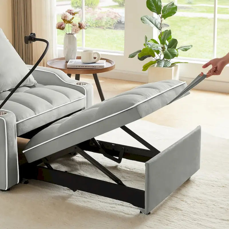 Fauteuil convertible 3-en-1 gris/noir avec dossier réglable et port USB – une place