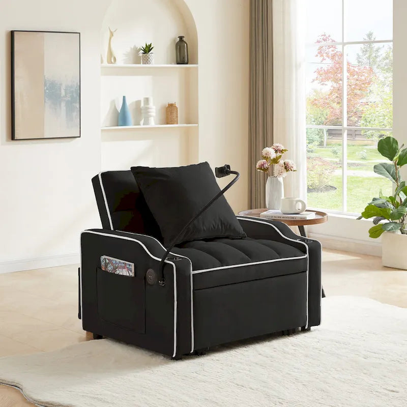 Fauteuil convertible 3-en-1 gris/noir avec dossier réglable et port USB – une place