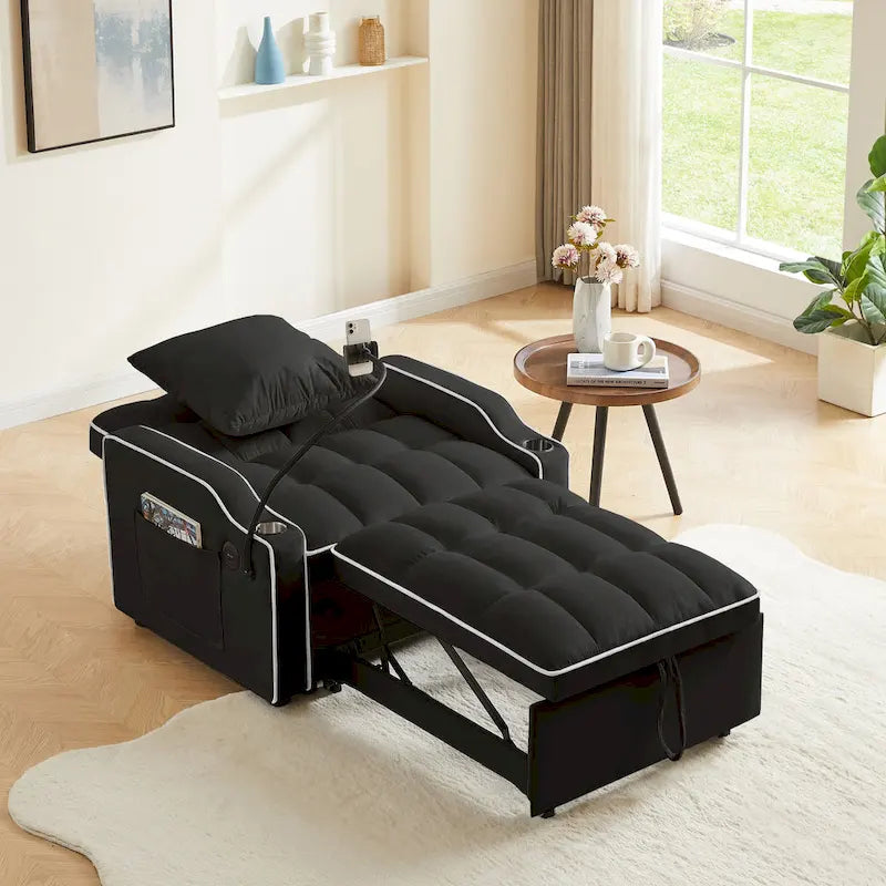 Fauteuil convertible 3-en-1 gris/noir avec dossier réglable et port USB – une place