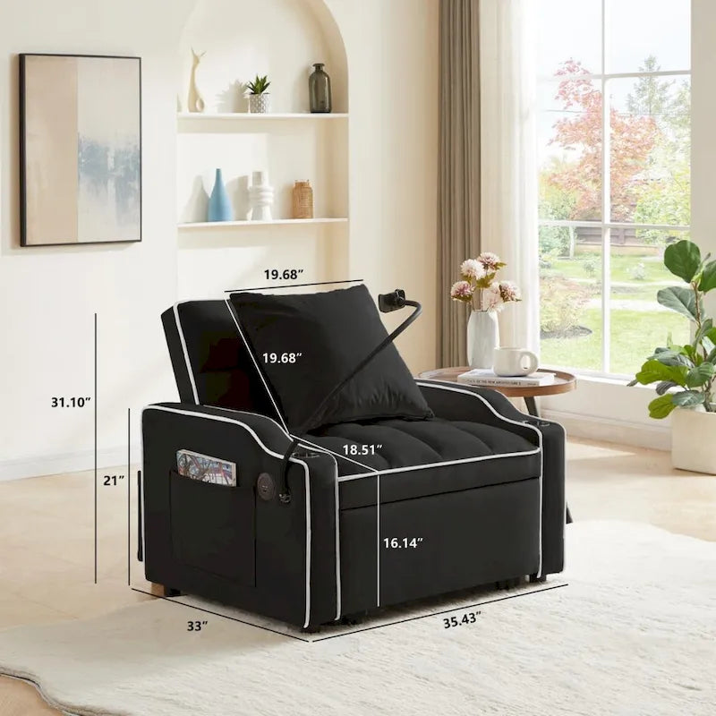 Fauteuil convertible 3-en-1 gris/noir avec dossier réglable et port USB – une place