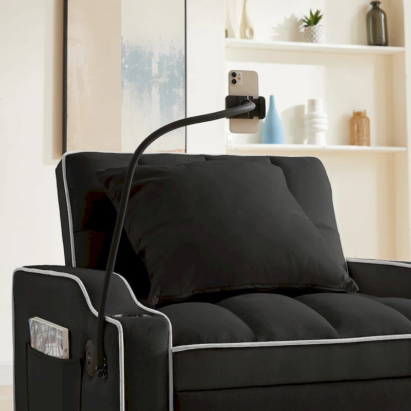 Fauteuil convertible 3-en-1 gris/noir avec dossier réglable et port USB – une place