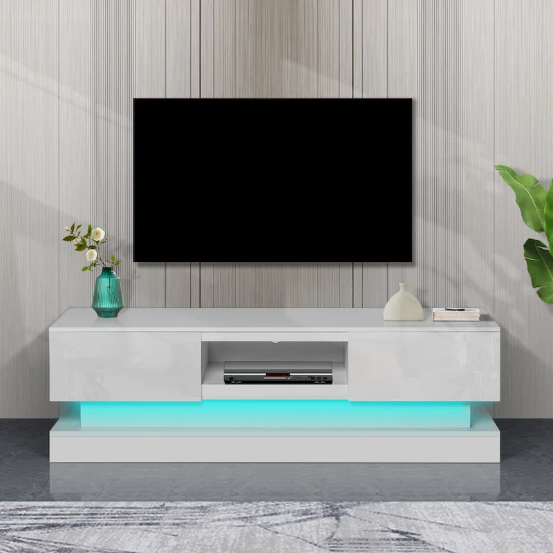 Meuble TV blanc avec rétroéclairage LED RGB, 2 tiroirs et gestion des câbles – 160 cm, convient jusqu'à 65"