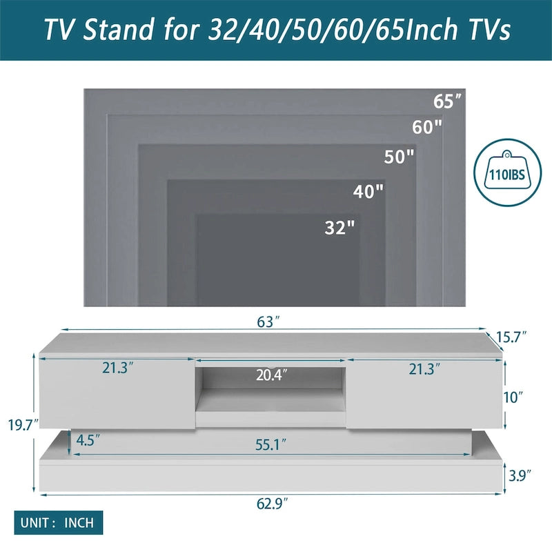 Meuble TV blanc avec rétroéclairage LED RGB, 2 tiroirs et gestion des câbles – 160 cm, convient jusqu'à 65"
