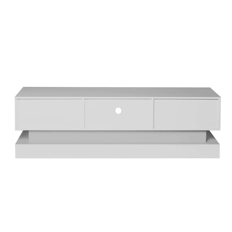 Meuble TV blanc avec rétroéclairage LED RGB, 2 tiroirs et gestion des câbles – 160 cm, convient jusqu'à 65"