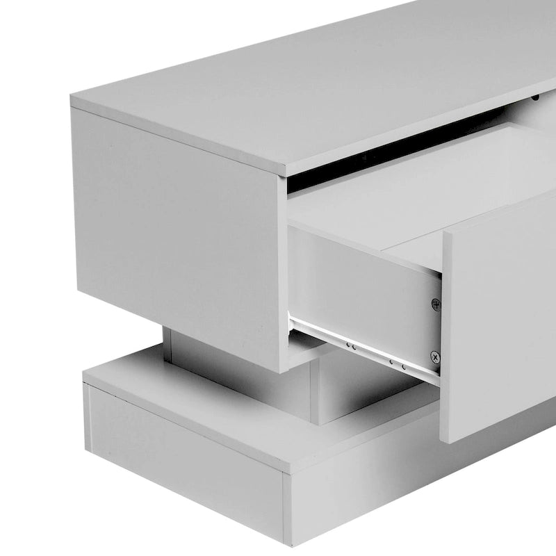 Meuble TV blanc avec rétroéclairage LED RGB, 2 tiroirs et gestion des câbles – 160 cm, convient jusqu'à 65"