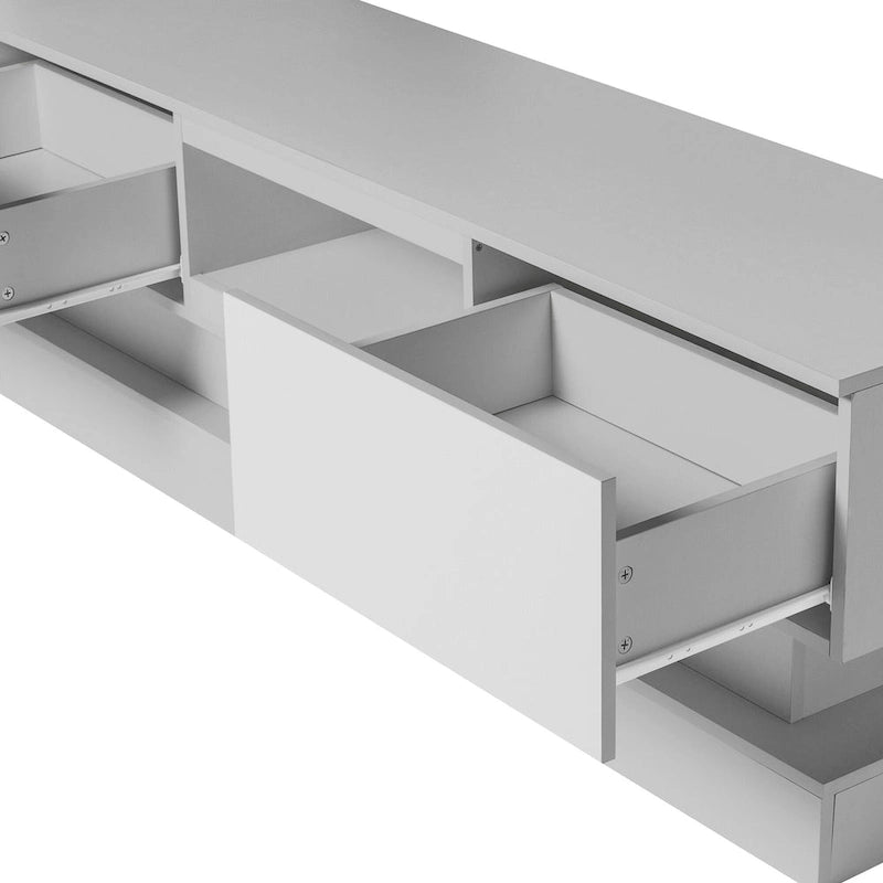 Meuble TV blanc avec rétroéclairage LED RGB, 2 tiroirs et gestion des câbles – 160 cm, convient jusqu'à 65"