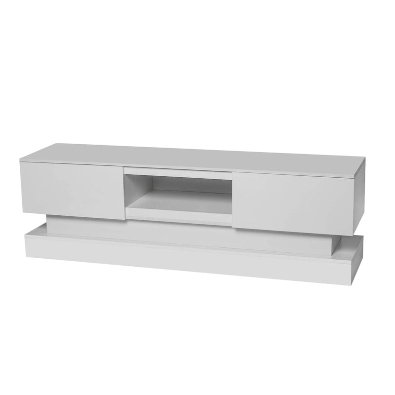 Meuble TV blanc avec rétroéclairage LED RGB, 2 tiroirs et gestion des câbles – 160 cm, convient jusqu'à 65"