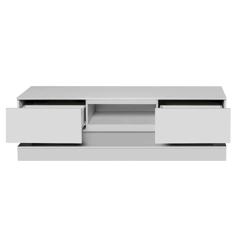 Meuble TV blanc avec rétroéclairage LED RGB, 2 tiroirs et gestion des câbles – 160 cm, convient jusqu'à 65"