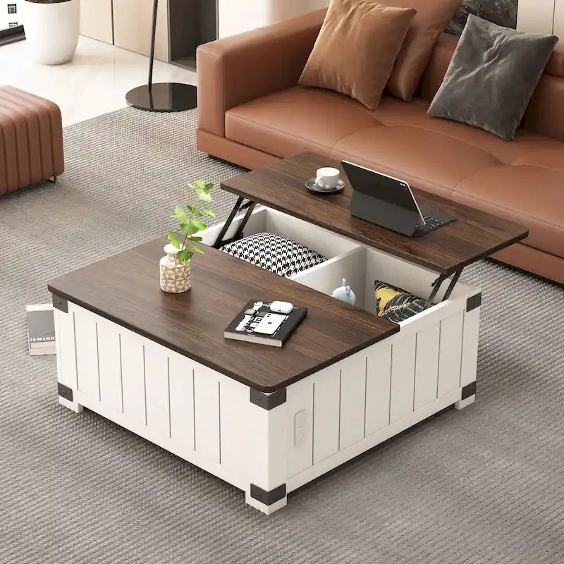 Table basse carrée élévatrice blanc cassé avec rangement intégré et station de charge – Simple