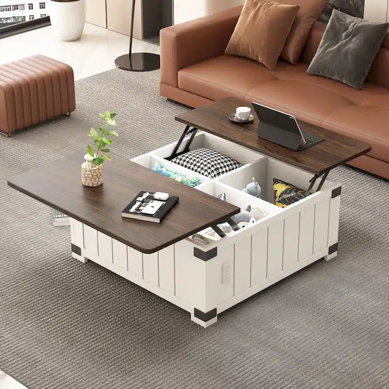 Table basse carrée élévatrice blanc cassé avec rangement intégré et station de charge – Simple