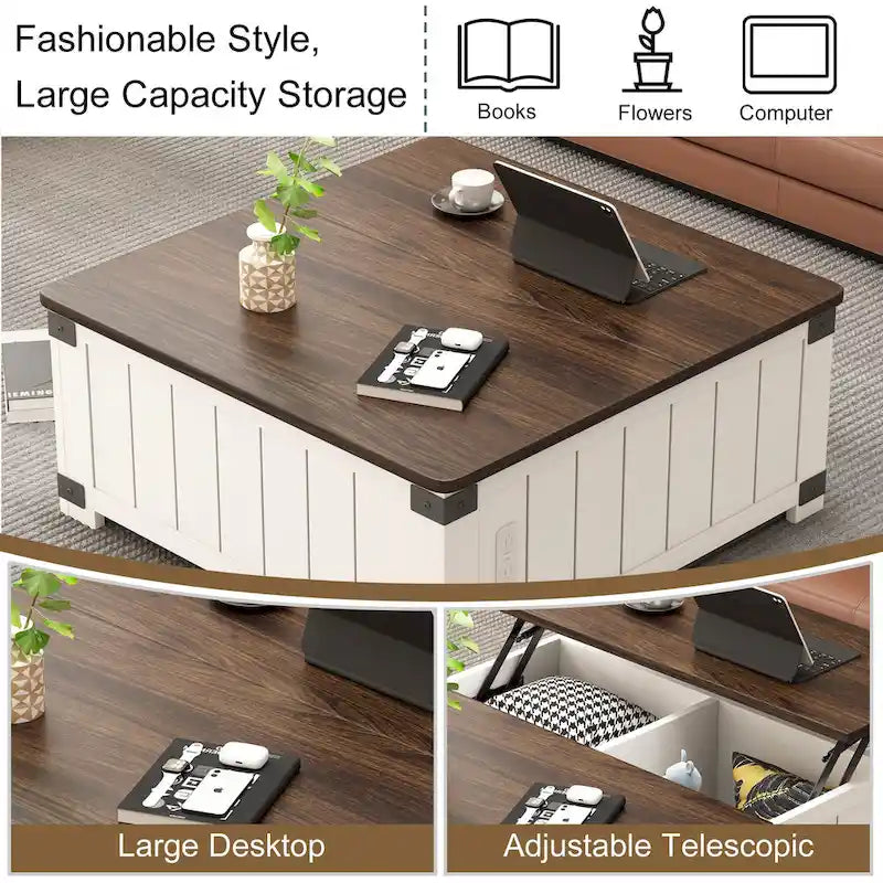 Table basse carrée élévatrice blanc cassé avec rangement intégré et station de charge – Simple