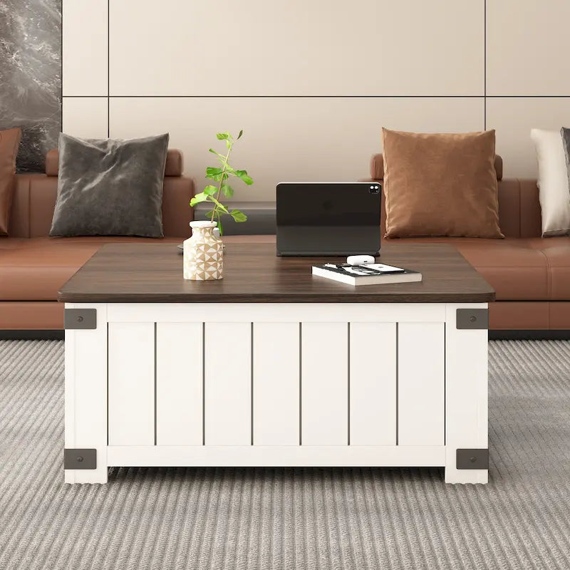Table basse carrée élévatrice blanc cassé avec rangement intégré et station de charge – Simple