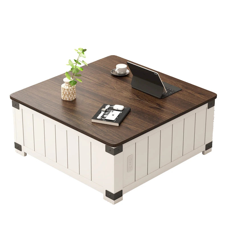 Table basse carrée élévatrice blanc cassé avec rangement intégré et station de charge – Simple