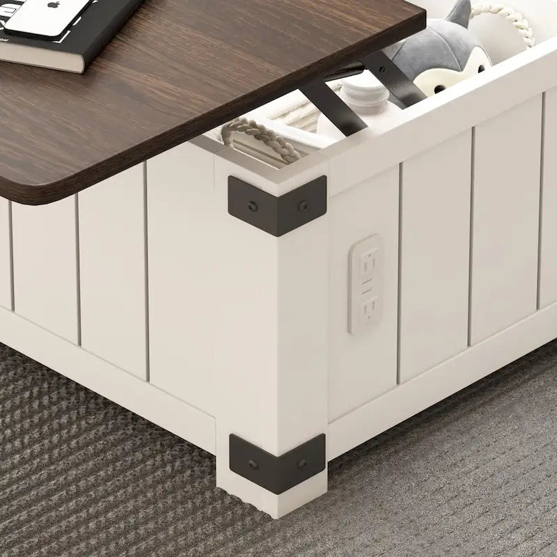 Table basse carrée élévatrice blanc cassé avec rangement intégré et station de charge – Simple