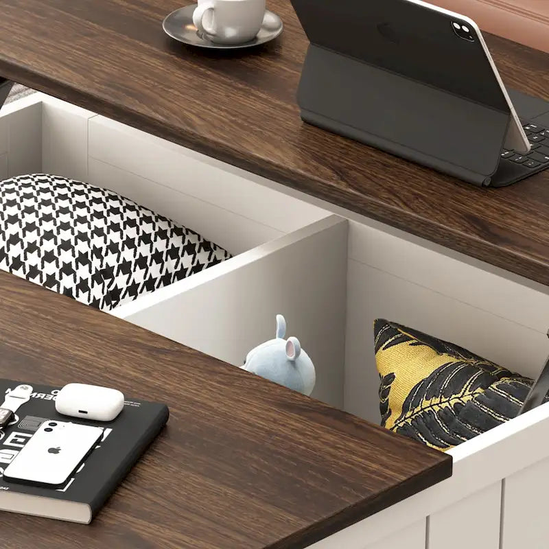 Table basse carrée élévatrice blanc cassé avec rangement intégré et station de charge – Simple