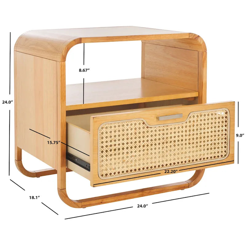 Table de chevet en hévéa (noir/naturel/blanc/noyer) avec tiroir en rotin et étagère ouverte – Unité individuelle