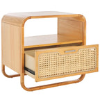 Table de chevet en hévéa (noir/naturel/blanc/noyer) avec tiroir en rotin et étagère ouverte – Unité individuelle