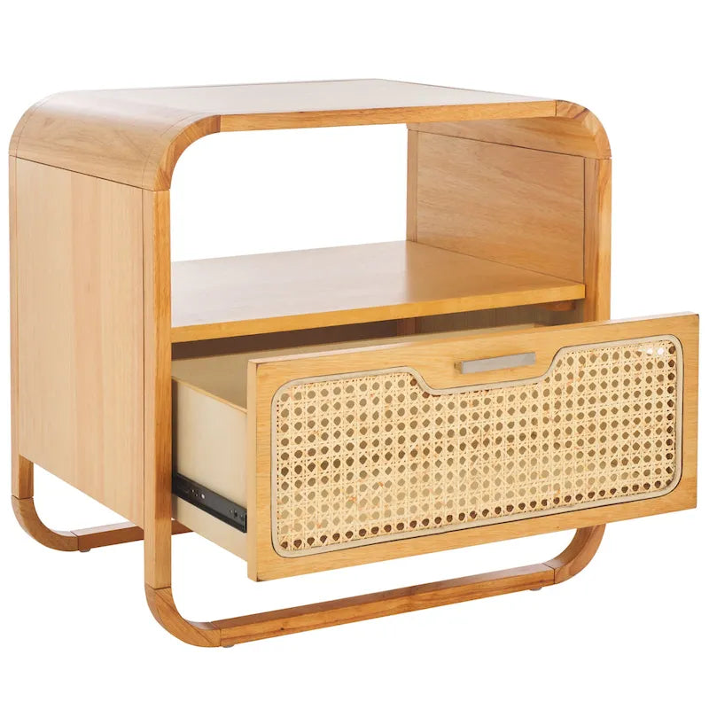 Table de chevet en hévéa (noir/naturel/blanc/noyer) avec tiroir en rotin et étagère ouverte – Unité individuelle