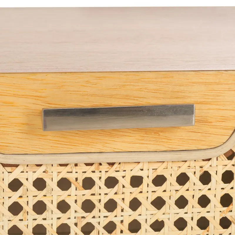 Table de chevet en hévéa (noir/naturel/blanc/noyer) avec tiroir en rotin et étagère ouverte – Unité individuelle