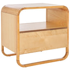 Table de chevet en hévéa (noir/naturel/blanc/noyer) avec tiroir en rotin et étagère ouverte – Unité individuelle